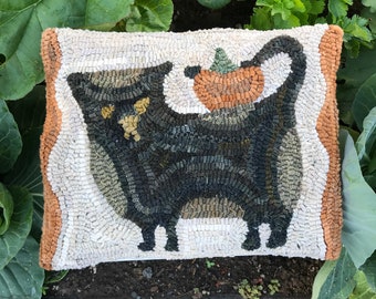 Primitive Folk Art Wool Hooked Rug PILLOW - Olde Salem Cat and Pumpkin