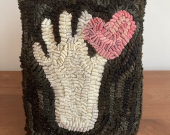 Primitive Wool Folk Art Hooked Rug Pink Heart in Hand PILLOW ~ Early Style