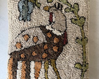 Primitive Folk Art Wool Hooked Rug Pillow - Fraktur Turkey
