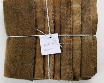 Hand Dyed Wool Fabric, 8 Perfect Brown 1/16ths Fat Sixteenths for Primitive Rug Hooking