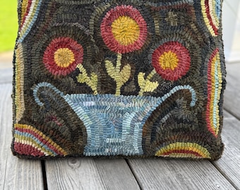 Folk Art Primitive Wool Hooked Rug Blue Flower Basket Pillow