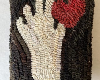 Primitive Wool Folk Art Hooked Rug RED Heart in Hand PILLOW ~ Early Style