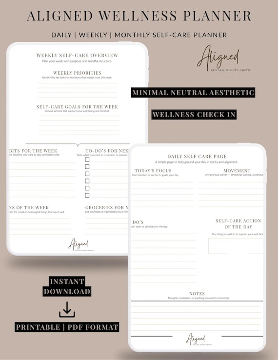 Aligned Wellness Planner | Daily Weekly Monthly Templates | Minimal Self-Care Planner | Printable PDF | Digital Download