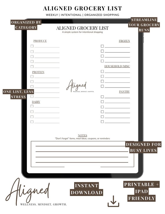 Aligned Grocery List | Minimal Printable Grocery Planner | Digital Download