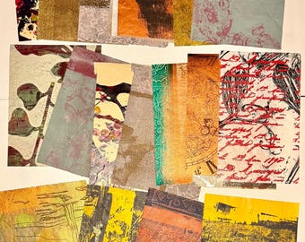 Könnte beinhalten: Eine Sammlung farbenfroher, strukturierter Papierbögen mit verschiedenen Mustern und Designs. Die Papiere weisen eine Mischung aus Farben auf, darunter Gold, Orange, Grün und Gelb, mit gedruckten Elementen wie floralen Motiven und abstrakten Formen.