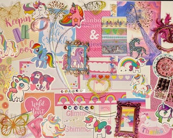 Rainbow Sparkle Einhorn Junk Journal Kit: 80+ Stück kuratiertes Collagen Zubehör Set