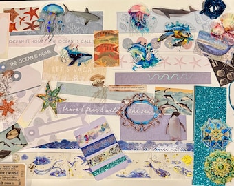 Ocean Coastal Beach Junk Journal Kit: 80+ piece curated collage supply set
