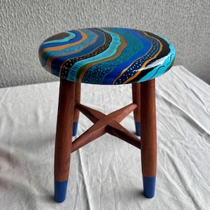 Handmade Wooden Stool Painted Blue Gold Abstract Decorative Accent Side Table Art