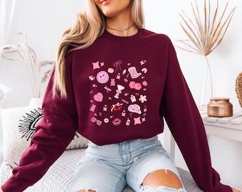 Różowa bluza z zabawnymi ikonami, urocza bluza z okrągłym dekoltem na prezent, odzież codzienna, moda walentynkowa, wygodna odzież domowa