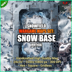 Puede incluir: Imagen vertical de un conjunto de mapas de wargame de base de nieve. El mapa está etiquetado como "SNOWFIELD WARGAME MAPS SET: SNOW BASE VERTICAL". El mapa mide 61x91 cm y tiene una resolución de 7200x10800 px a 300 DPI. Está hecho a mano y se puede usar con diseños hexagonales, cuadrados o sin cuadrícula.
