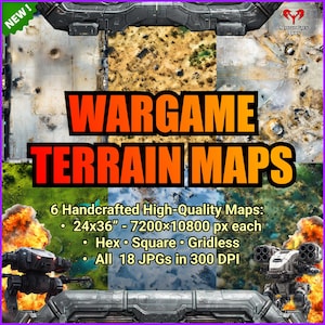 Peut inclure: Image promotionnelle pour des cartes de terrain de wargame. L'image présente le texte "WARGAME TERRAIN MAPS" en grandes lettres oranges. L'image indique également qu'il existe 6 cartes de haute qualité fabriquées à la main, chacune de 61x91 cm, avec des options hex, carrées et sans grille.