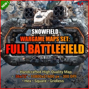 以下が含まれることがあります： 雪原ウォーゲームマップセットのデジタルイラスト。未来的な装甲車と「SNOWFIELD WARGAME MAPS SET: FULL BATTLEFIELD」の文字が特徴です。マップの寸法は約91x183 cm、10800x21600 px、300 DPIです。