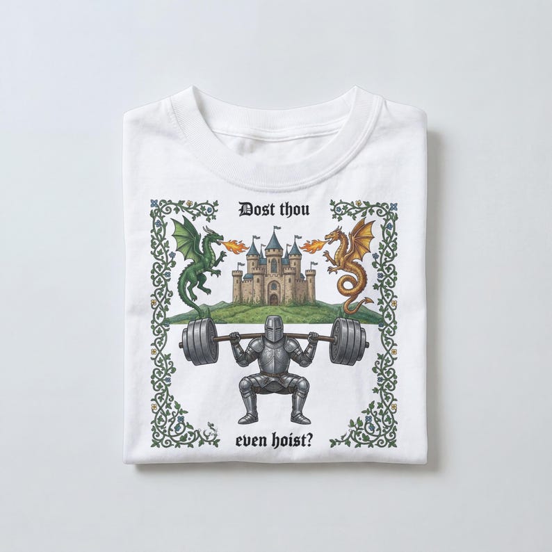 Pu&ograve; includere: T-shirt bianca con grafica a tema medievale. Il disegno presenta un cavaliere che solleva un bilanciere, un castello e due draghi. Il testo recita "Dost thou even hoist?" in un bordo decorativo.
