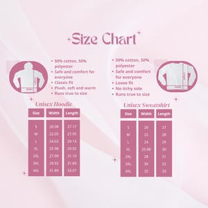 May include: A size chart for unisex hoodies and sweatshirts, featuring measurements in inches. The chart includes size, width, and length for sizes S through 4XL. The chart also lists fabric composition and features like classic fit and loose fit.