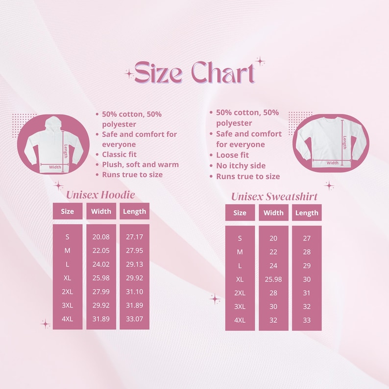 May include: A size chart for unisex hoodies and sweatshirts, featuring measurements in inches. The chart includes size, width, and length for sizes S through 4XL. The chart also lists fabric composition and features like classic fit and loose fit.