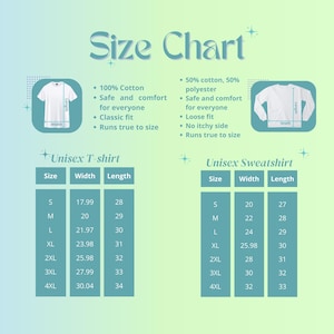 May include: A size chart for unisex t-shirts and sweatshirts, with measurements in inches. The chart includes sizes S to 4XL, with width and length dimensions. The t-shirt is 100% cotton, and the sweatshirt is 50% cotton and 50% polyester.