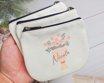 Personalized Linen Coin Purse, Floral Design, Custom Photo Pouch