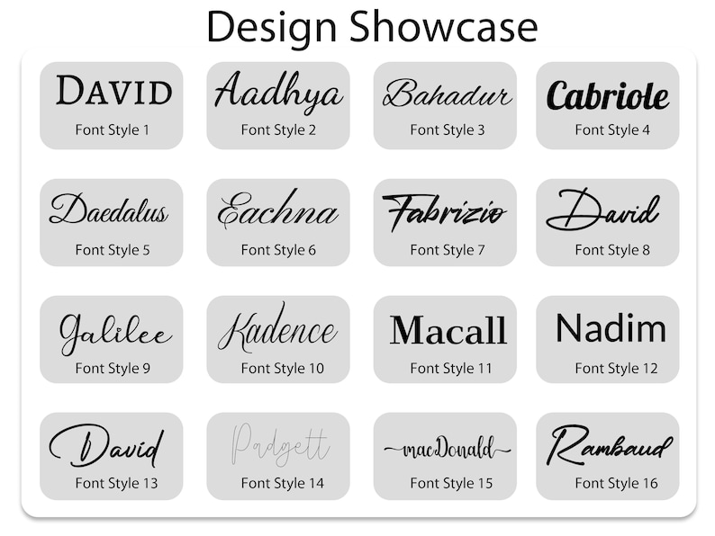 K&ouml;nnte beinhalten: Eine Design-Pr&auml;sentation mit 16 verschiedenen Schriftarten. Jede Schriftart wird mit einem Namen wie "David" oder "Aadhya" und einer Stilnummer angezeigt. Der Text ist schwarz auf hellgrauem Hintergrund.