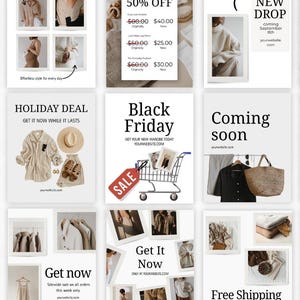 May include: A collage of promotional graphics for an online store. The images include text such as "Black Friday," "Holiday Deal," and "Coming Soon." Various clothing items are displayed, including shirts, skirts, and accessories.