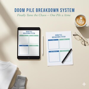 Pode incluir: Um iPad e uma folha impressa com o texto "DOOM PILE BREAKDOWN SYSTEM" são exibidos. O iPad mostra uma versão digital do sistema, enquanto há uma caneta no papel. Uma xícara de café e óculos também estão na superfície.