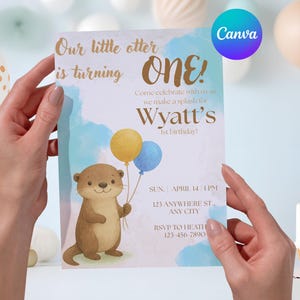 Invitación de cumpleaños de nutria, invitación para fiesta de cumpleaños de nutria, primer cumpleaños imprimible, plantilla editable de Canva, invitación digital móvil