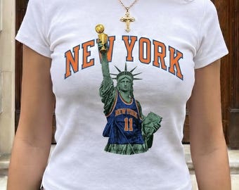 NY Knicks Crop Top: Vintage Micro Rib - Women's Sporty Tee - New York City Souvenir Baby Tee Brunson