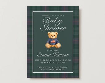Plantilla digital para invitación de baby shower, inspirada en Ralph Lauren