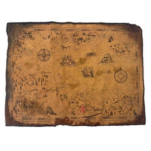 May include: A vintage-style treasure map with a weathered, brown paper appearance. The map features illustrations of a skull, compass rose, islands, and a ship. The edges are torn and aged, giving it an authentic, antique look.