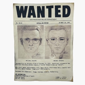 May include: A vintage "WANTED" poster from the San Francisco Police Department, dated October 18, 1969. The poster features two sketches of a suspect, with text describing the suspect's physical characteristics and details about the case.