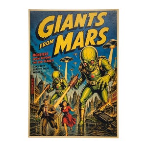 May include: A vintage-style poster titled GIANTS FROM MARS featuring two large green aliens with red eyes holding laser weapons in a city. A man in a suit and a woman in a red dress run away. Text reads MONSTERS FROM BEYOND THE RED PLANET!