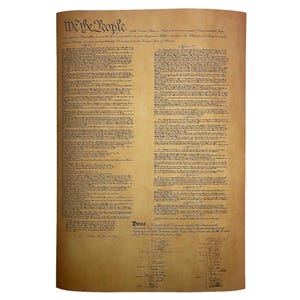 May include: A tan-coloured parchment document with the words "We the People" at the top. The document is covered in handwritten text and signatures, giving it an aged appearance. The document is a tan colour.