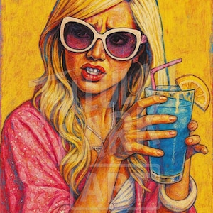 Könnte beinhalten: Farbenfrohe Illustration einer Frau mit blonden Haaren, die eine große Sonnenbrille und eine rosa Jacke trägt. Sie hält ein blaues Getränk mit einer Zitronenscheibe und einem Strohhalm. Der Hintergrund ist gelb.
