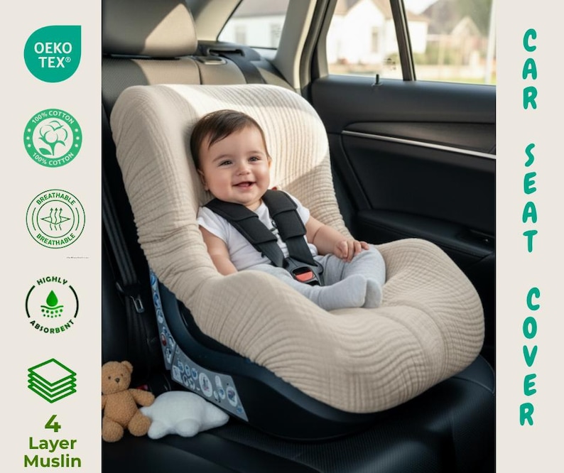 Organic Muslin Baby Car Seat Cover Liner: Breathable Cotton , stroller cover image 7