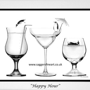 Happy Hour, Penguins, Cocktails, Penguin Art, Wildlife art