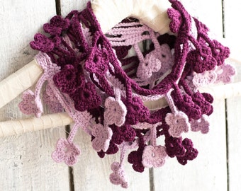 Ombre Purple Floral Loop Scarf, Egyptian Cotton, Bohemian Accessories, Romantic Fashion
