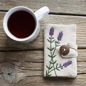 Lavender Tea Bag Wallet, Linen and Cotton Tea Holder with Hand Embroidered Lavandula angustifolia, Gift for Tea Lovers, French Country