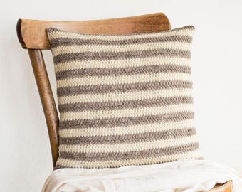 Beige and White Stripes Natural Pillow Cover, 16 x 16 Crochet Wool Cushion Cover, Eco Friendly Home Decor