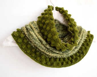 Multicolor Cowl in Dark Green, Mint and Lime, Hand-knitted Winter Accessories, Bohemian Scarf