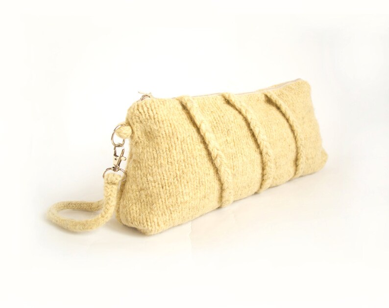 Eco friendly Felted Clutch in Natural White, Pure Wool, Zippered Pouch with Plaits image 2