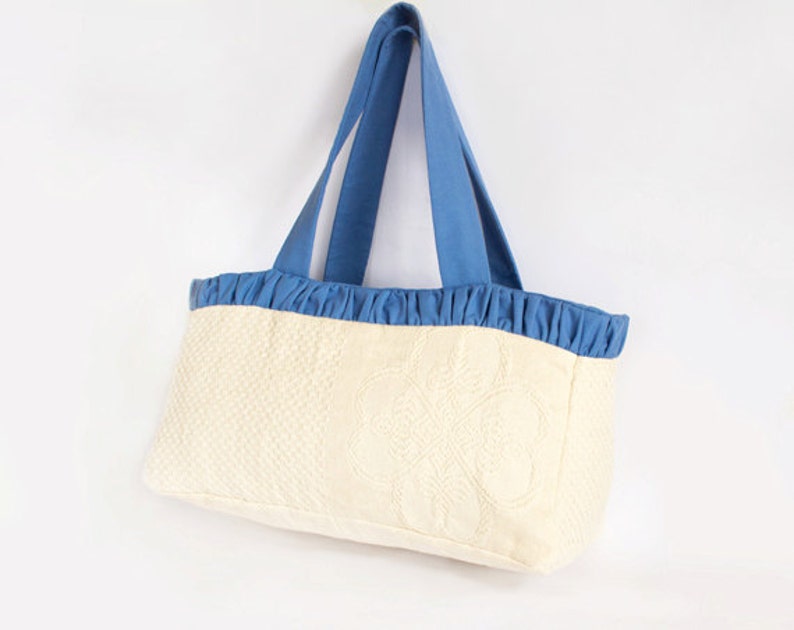 Cotton Shopper Ruched Beach Tote Bag in Natural White and Blue Summer Accesories
