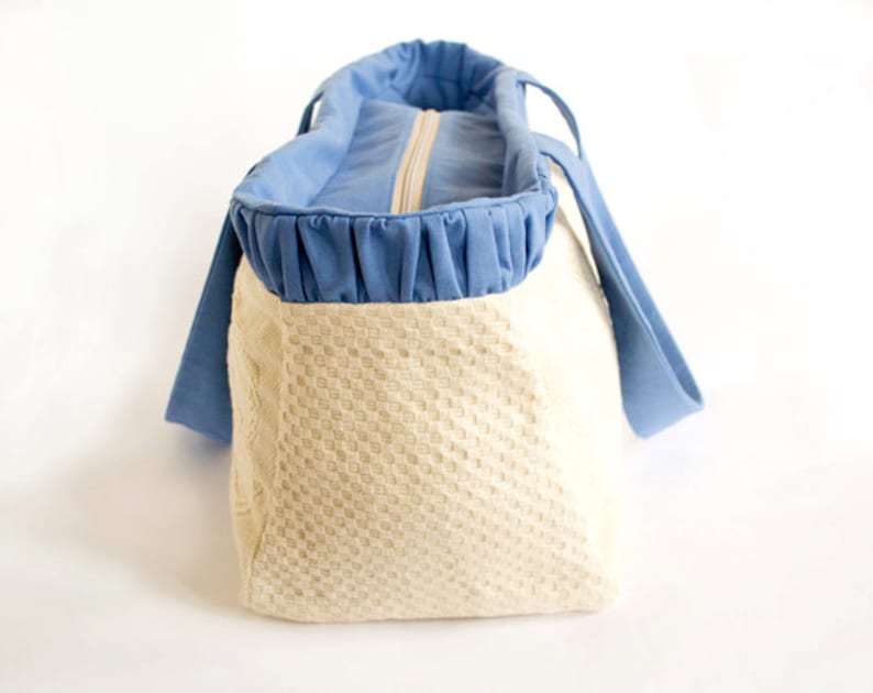 Cotton Shopper Ruched Beach Tote Bag in Natural White and Blue Summer Accesories
