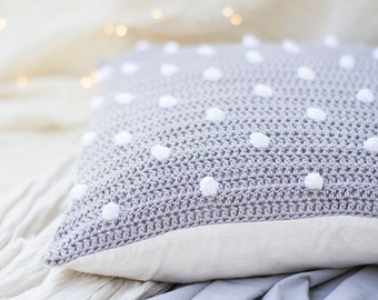 Polka Dot Pillow Cover in Grey and White, 16 x 16 Crochet Cotton Cushion Cover, Polka Dot Home Decor