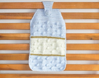 Crochet Kitchen Towel in Blue and Yellow with Gold Tone Stripes, Egyptian Cotton Hanging Hand Towel