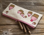 Hand Painted Cupcakes Pencil Case, Natural Linen and Cotton Pen Holder, School Supplies