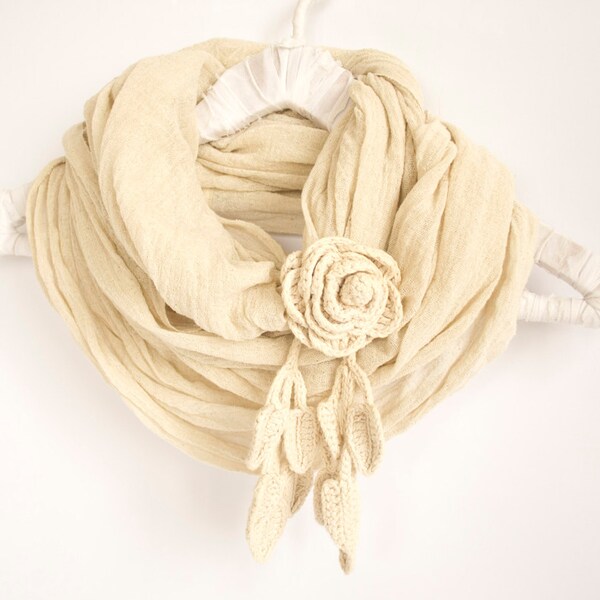 Eco Friendly Loop Scarf in Natural White with a Crochet Rose