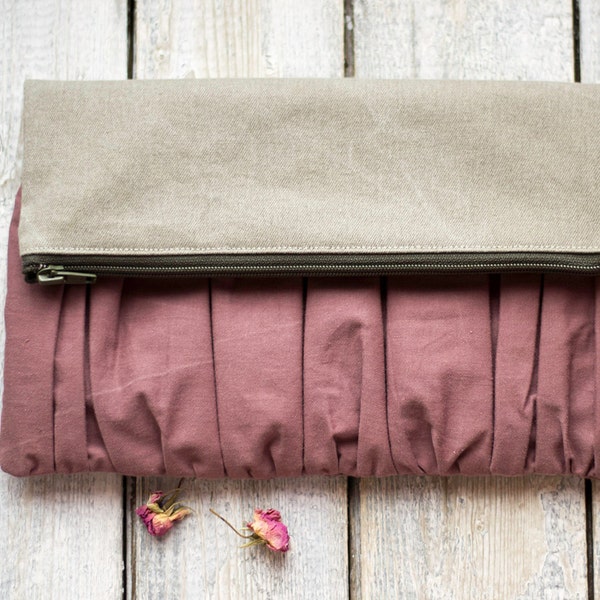 Ruched Foldover Denim Clutch in Khaki and Plum Purple, Romantic Accesories, Natural Materials, Shabby Chic Zipper Pouch