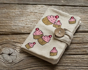 Tarjetero de cupcakes, tarjetero de lino y algodón, organizador pintado a mano