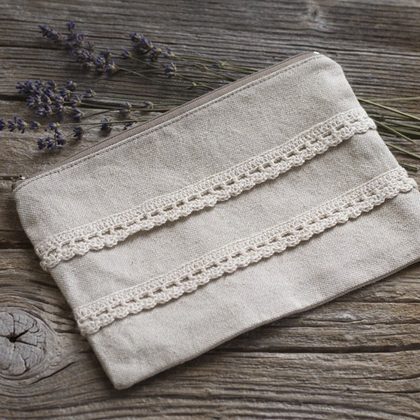 Linen and Lace Cosmetic Bag, Linen and Cotton Zipper Pouch