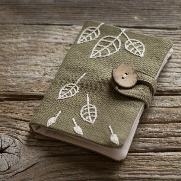 Khaki Cotton Credit Card Wallet with Hand Embroidered Leaves in Natural White, Nature Inspired Card Holder, Organizer