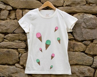 Camiseta de helado de algodón orgánico, camiseta talla S pintada a mano en blanco natural, ropa ecológica, moda pastelera